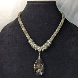 Silver-tone Statement Necklace W/ Large Faceted Mirrored Glass Teardrop Pendant